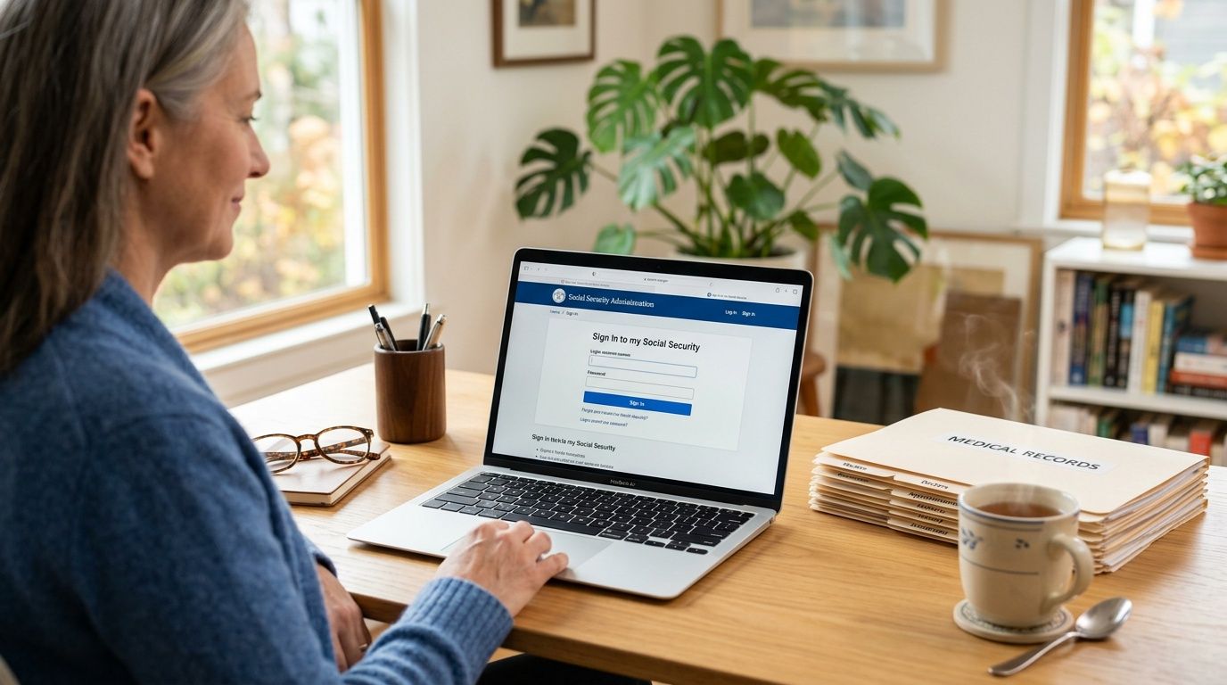 A senior woman using a laptop to access her Social Security account while reviewing medical records.