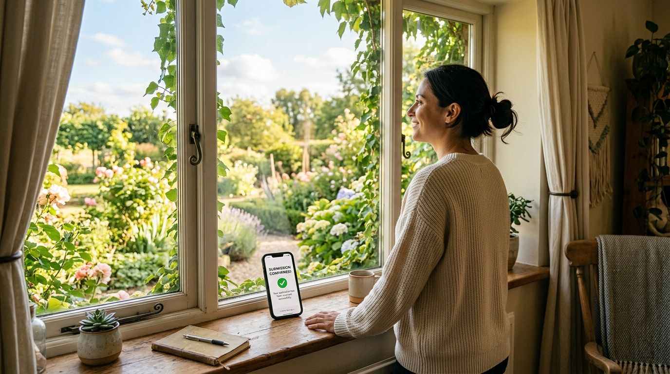 A woman stands by a window looking out at a garden while checking an SSDI confirmation.
