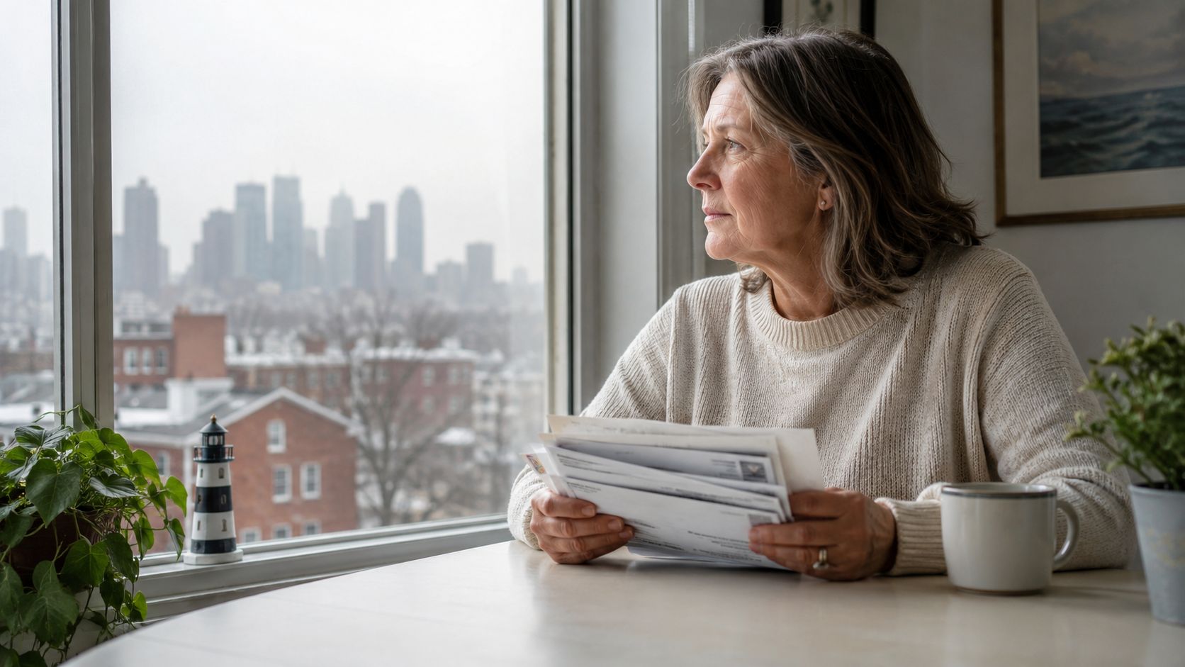 A middle-aged woman sitting by a window overlooking a city while looking concerned at some paperwork.