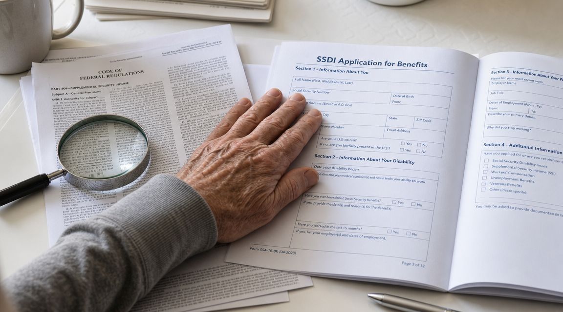 A senior person filling out an SSDI application for benefits on a document near a magnifying glass.