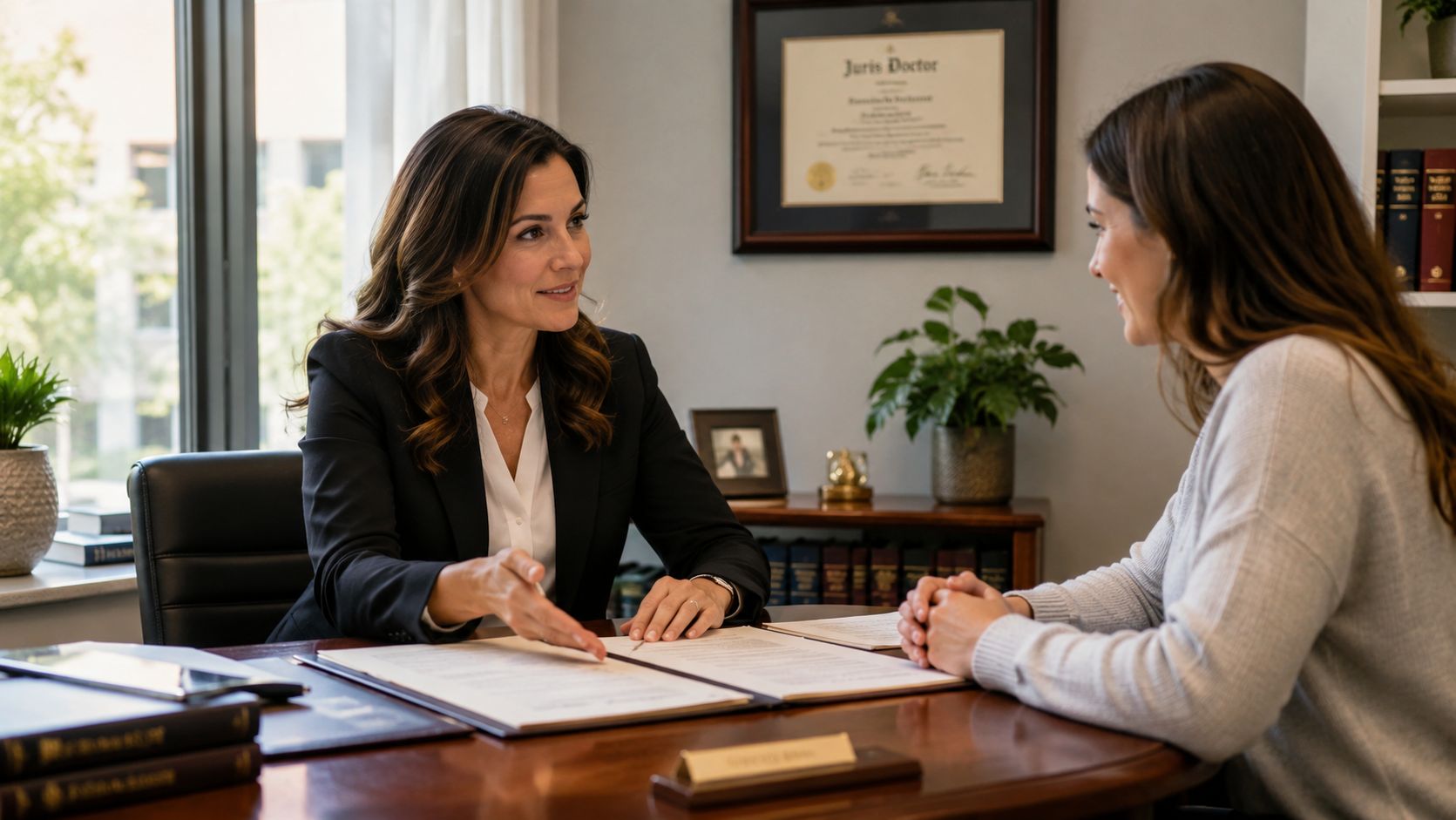 A professional attorney in a blazer consults with a client in an office over legal documents.