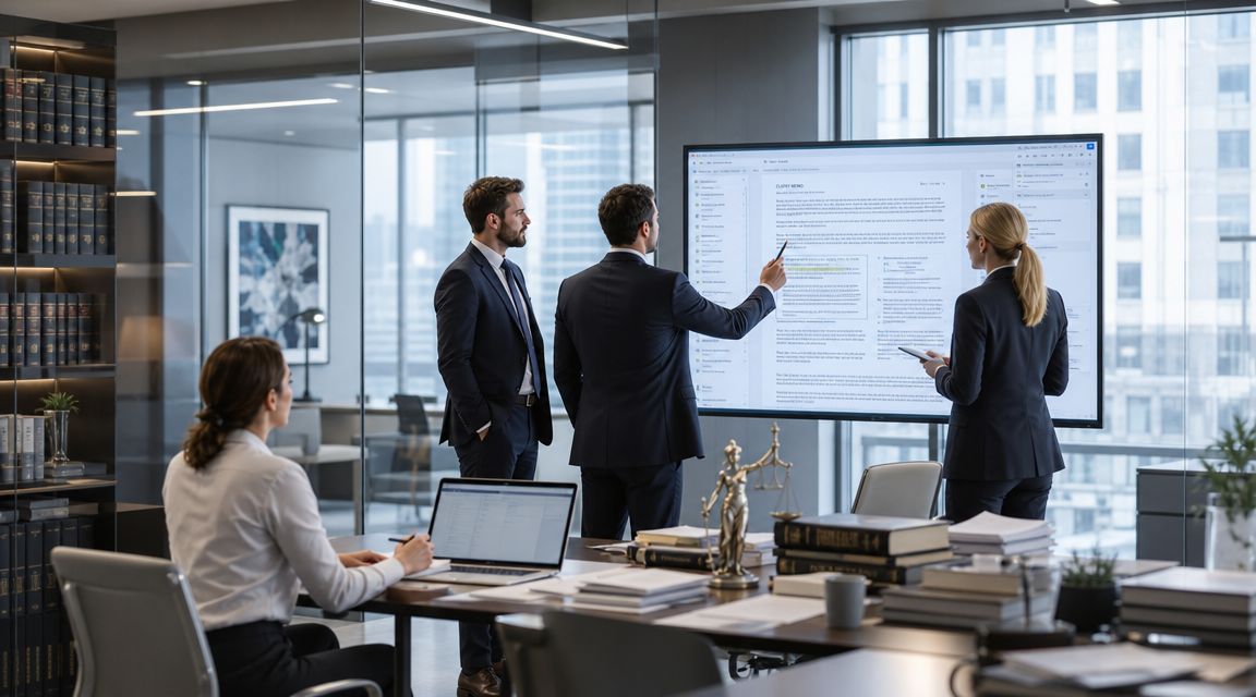 A legal team reviews documents on a large digital screen in a modern office boardroom.