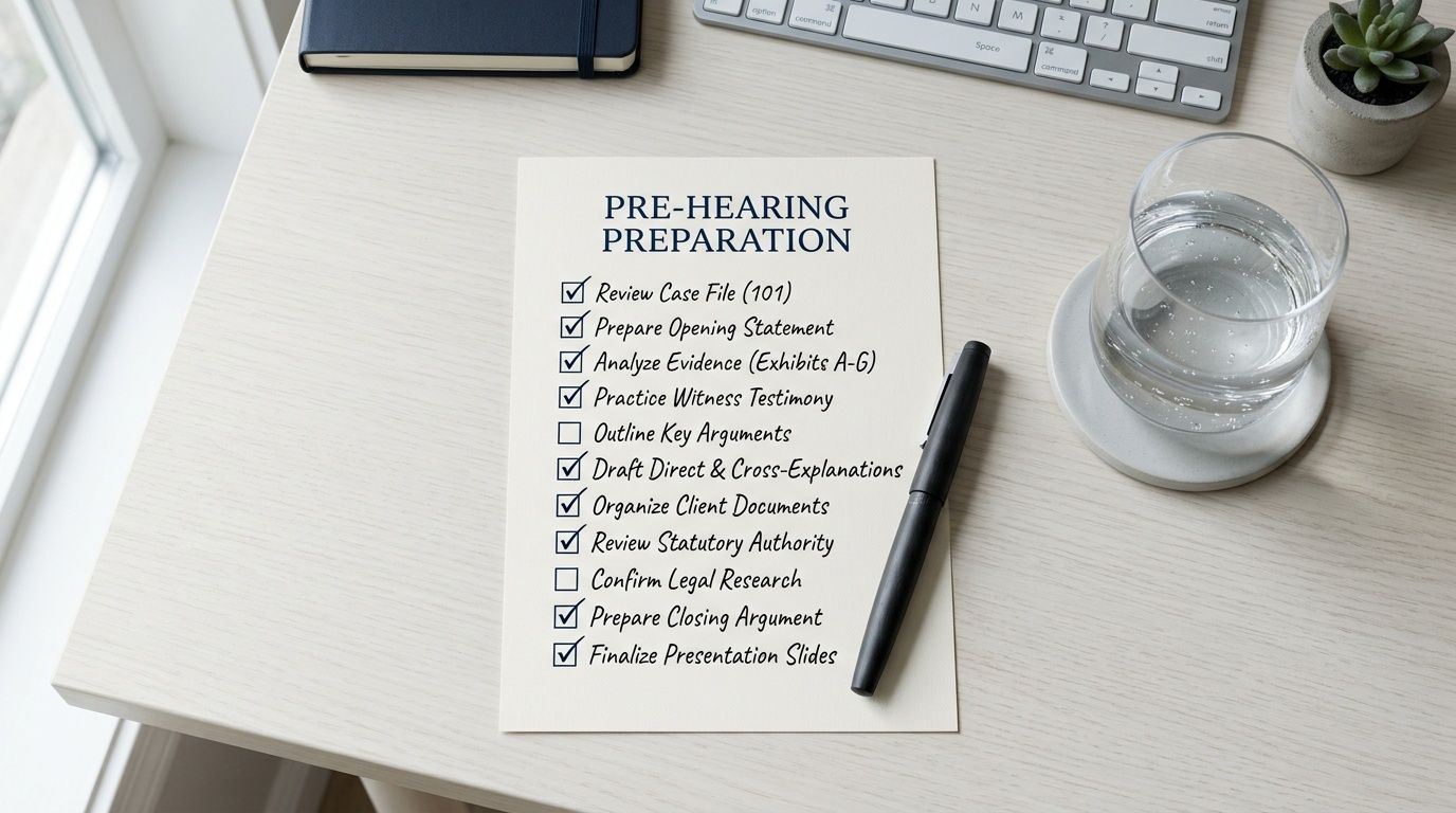 A checklist labeled Pre-Hearing Preparation on a desk next to a pen, water glass, and keyboard.