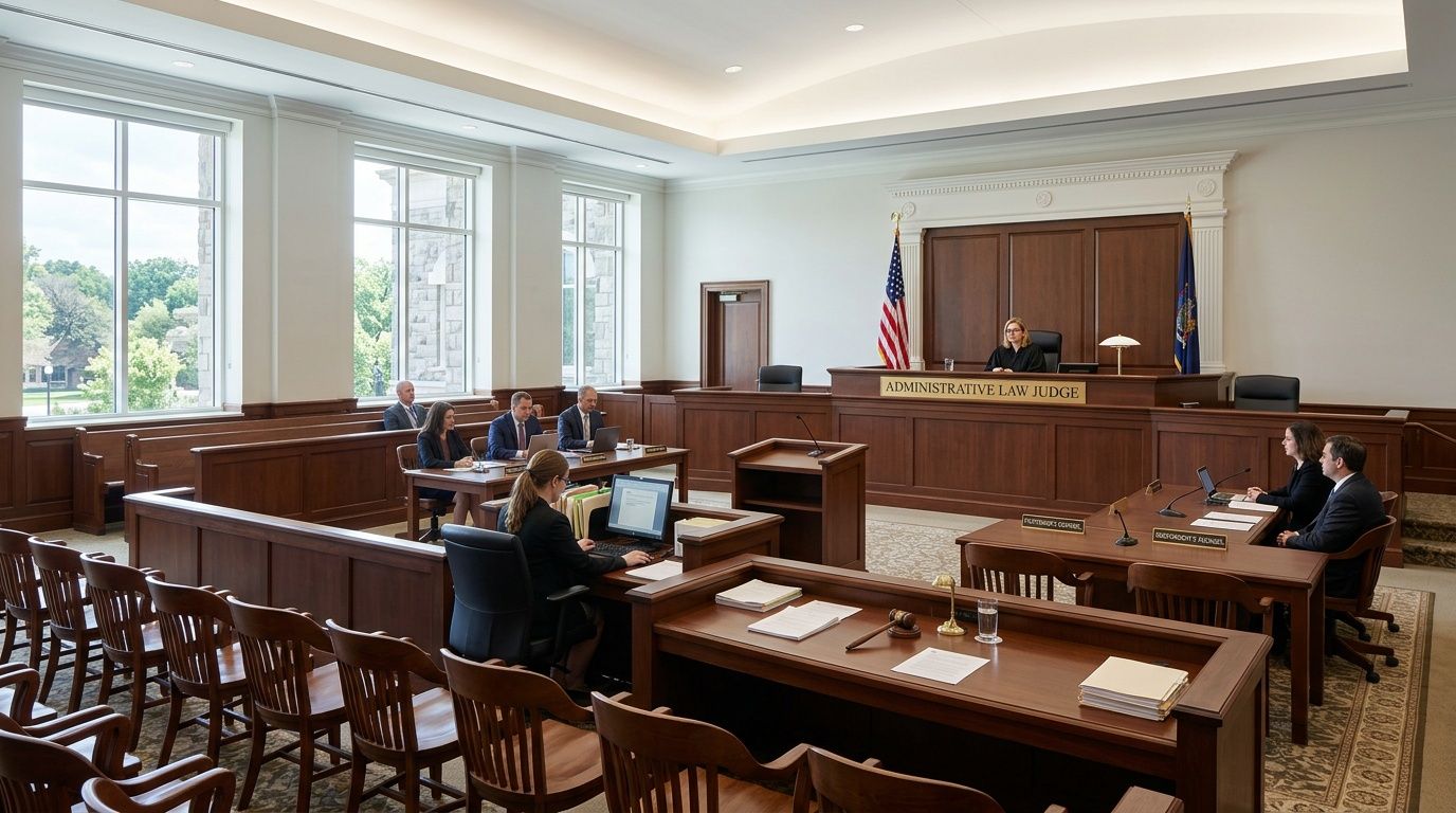 A courtroom setting with an administrative law judge presiding over a hearing in a wood-paneled room.