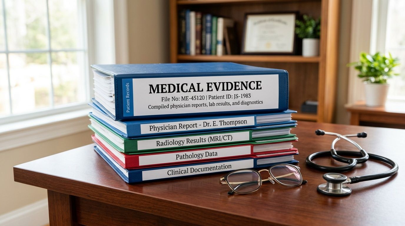 A stack of medical evidence folders, a stethoscope, and eyeglasses on a wooden office desk.
