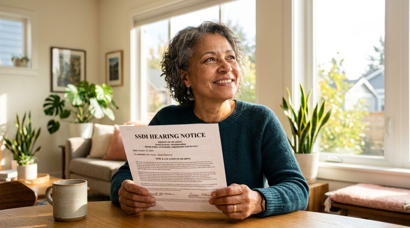 A happy woman sitting at a table holding her Social Security Disability Insurance hearing notice document.