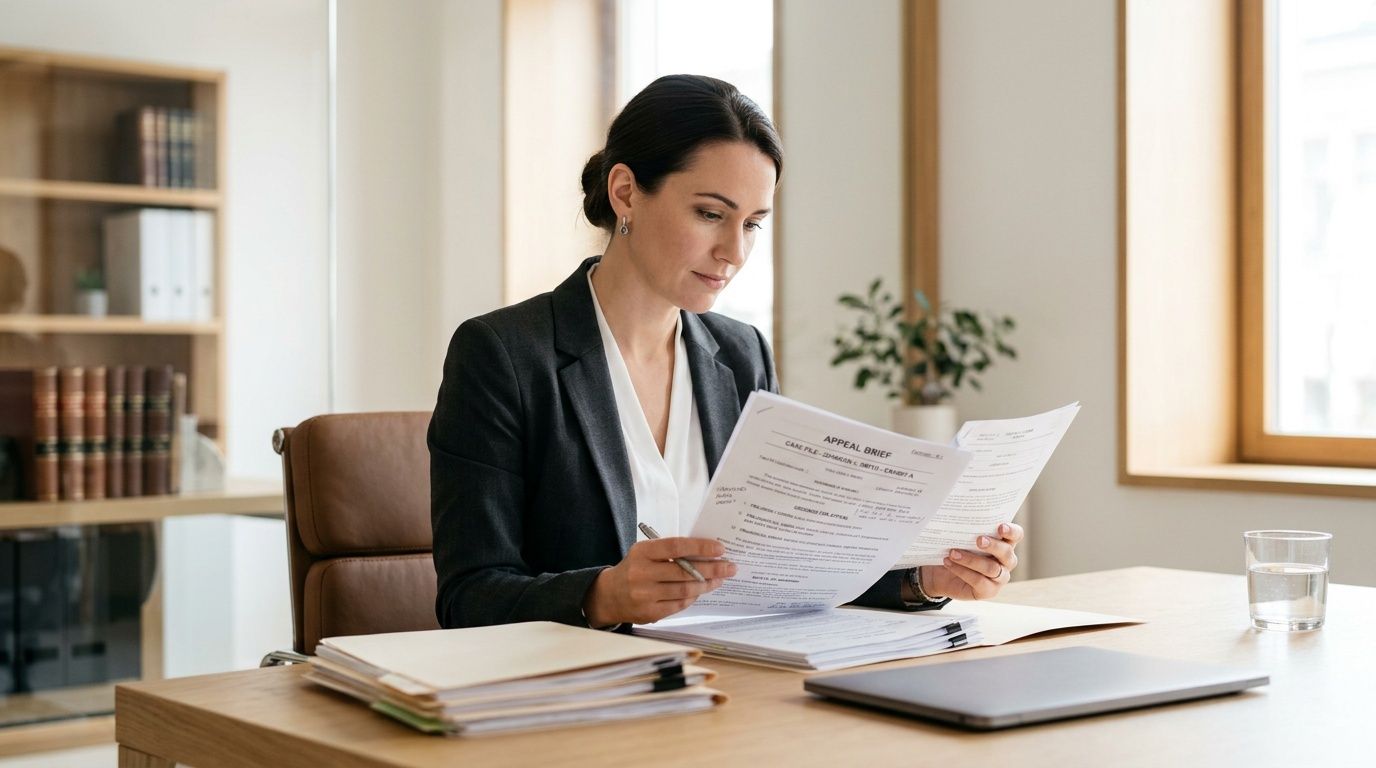 A professional woman in a suit sitting at a desk reviewing legal documents for an SSDI appeal.