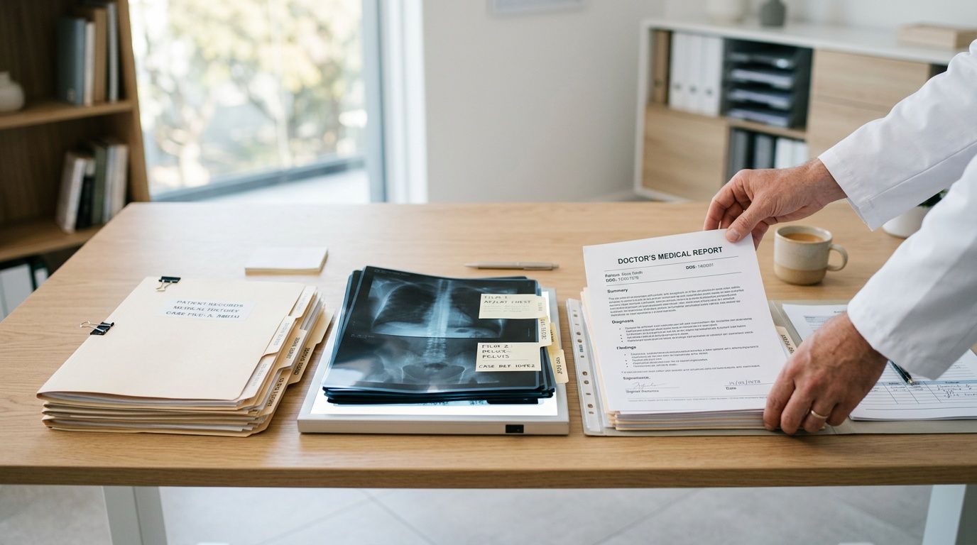 A doctor reviews a patient medical report and x-rays on an office desk in a clinic.