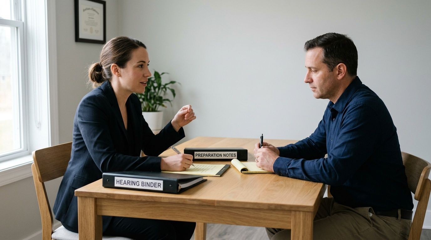 A professional woman meeting with a man to discuss their social security disability preparation notes and binder.