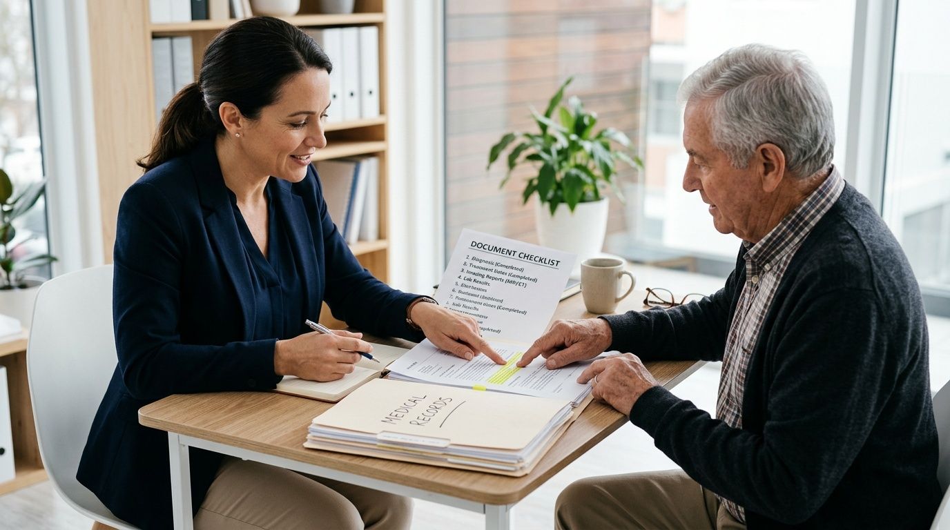 A professional advisor reviews medical records and a document checklist with an elderly man at a desk.