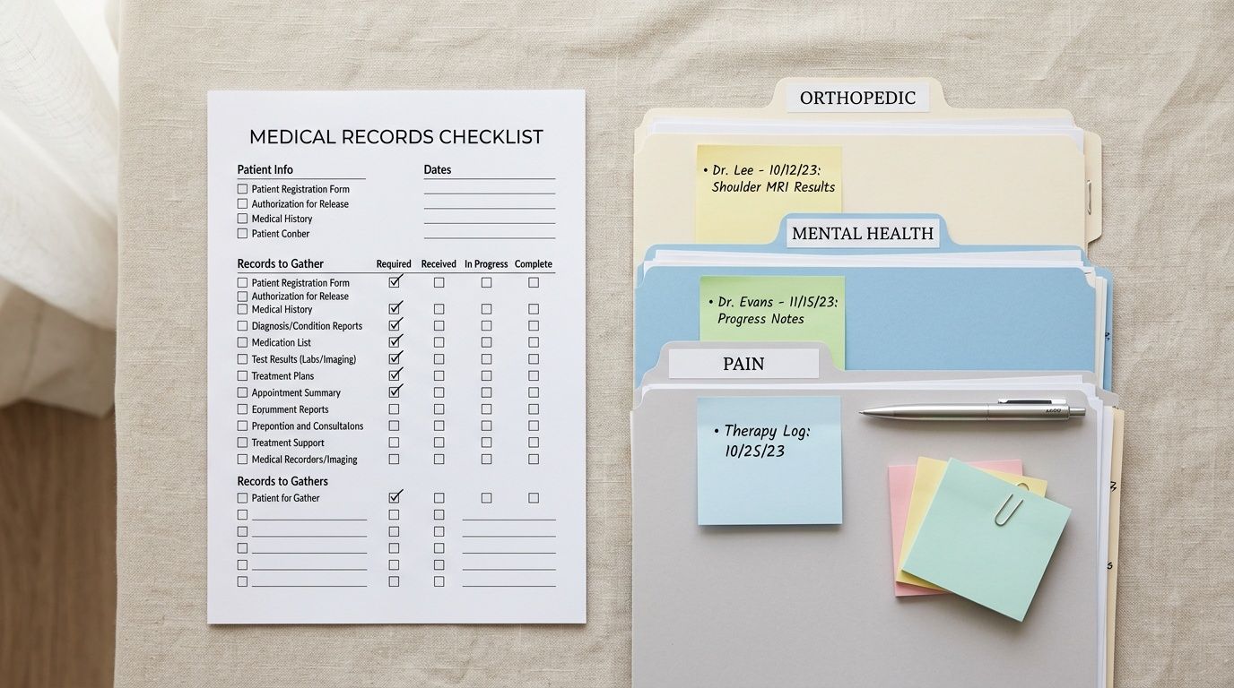 A medical records checklist on a desk with organized file folders labeled Orthopedic, Mental Health, and Pain.
