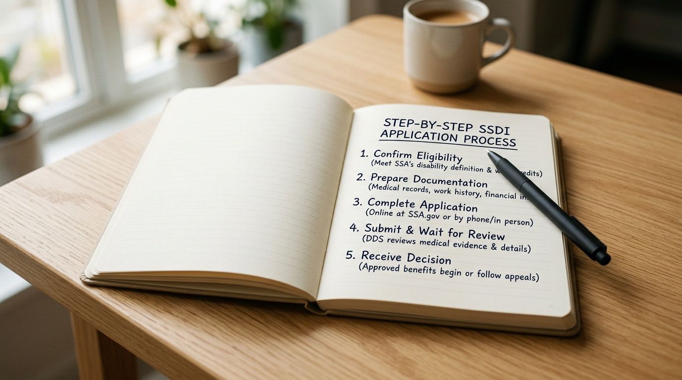 An open notebook on a wooden desk displaying a step-by-step guide for the SSDI application process.