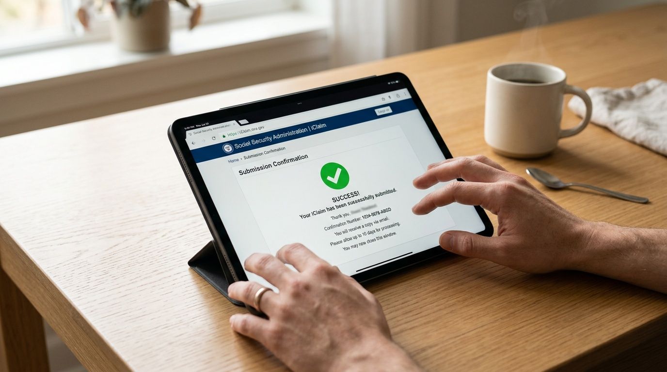 A person using a tablet to view an SSDI online application submission confirmation page on a desk.