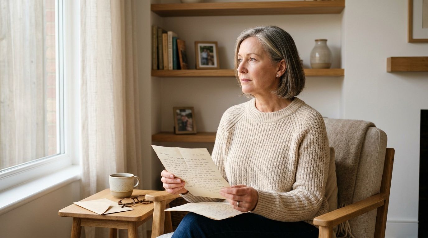 A contemplative middle-aged woman sitting in an armchair by a window reading a handwritten letter.