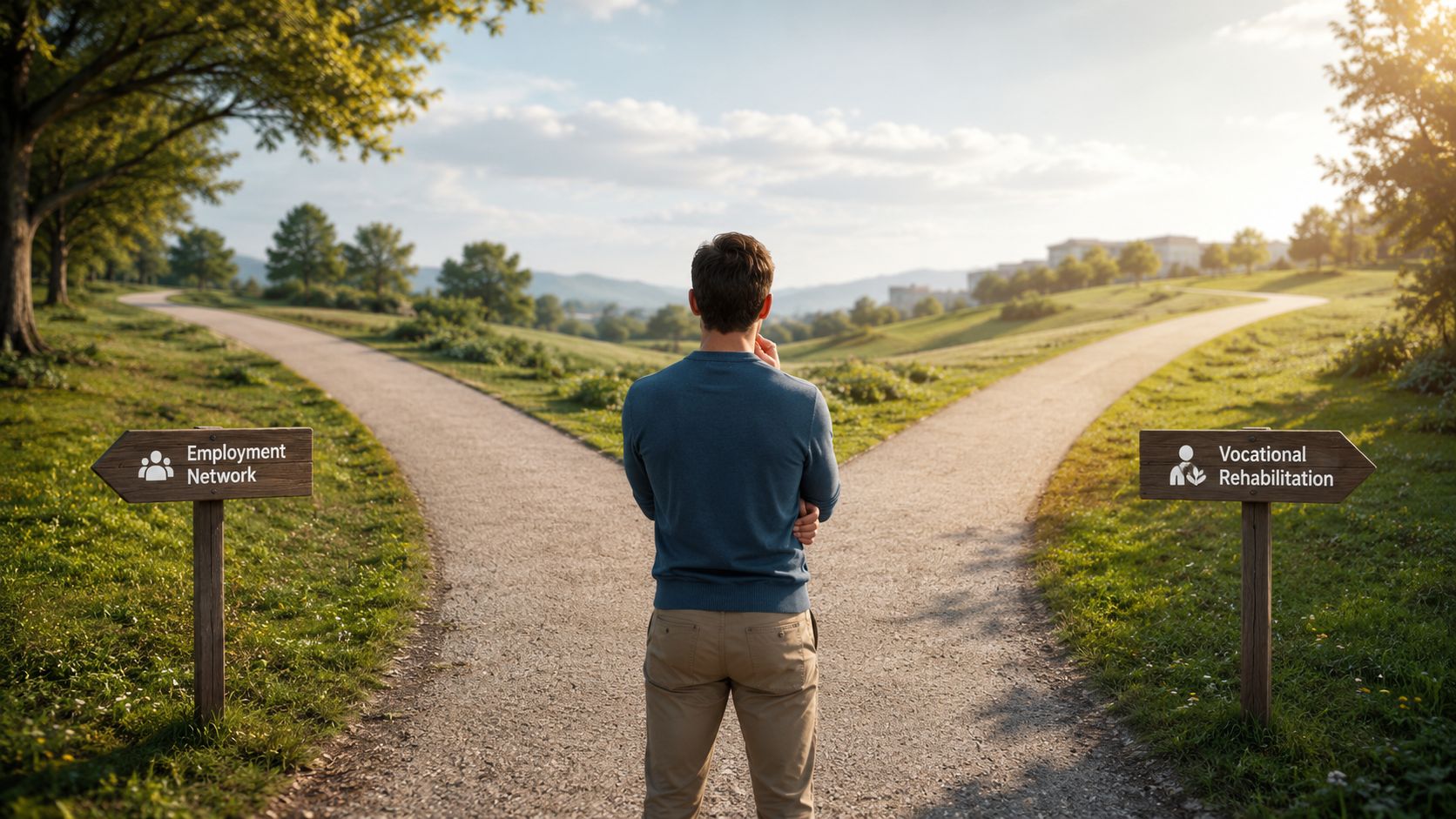A man standing at a fork in the path choosing between Employment Network and Vocational Rehabilitation signs.