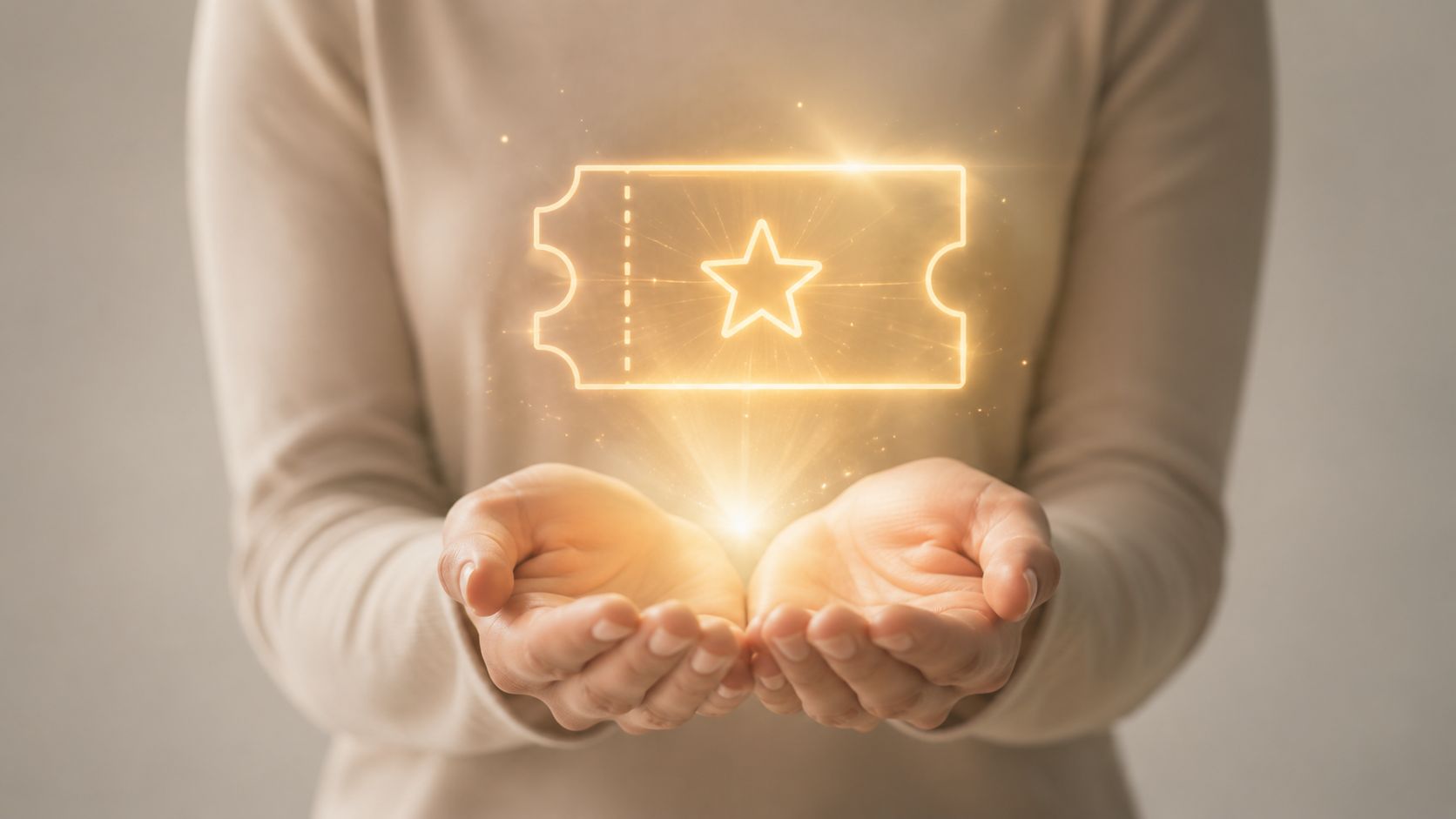 A person holding their hands out with a glowing golden digital ticket icon floating above them.