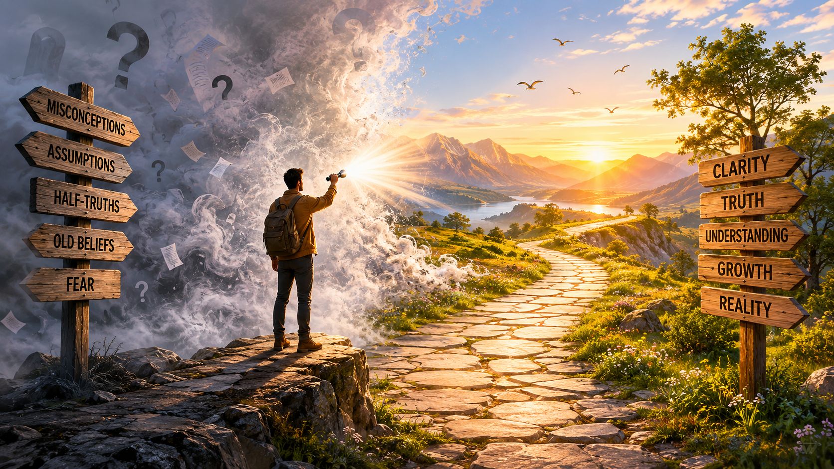 A traveler standing between a dark, stormy path of confusion and a bright, serene landscape of truth.