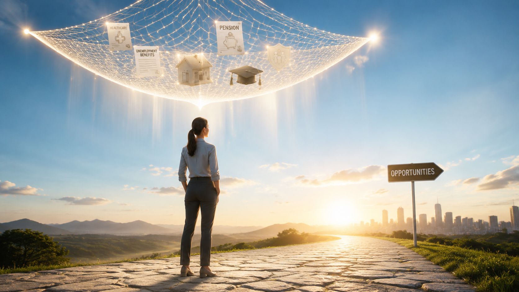 A professional woman standing on a road looking towards a city with symbols of security above her.