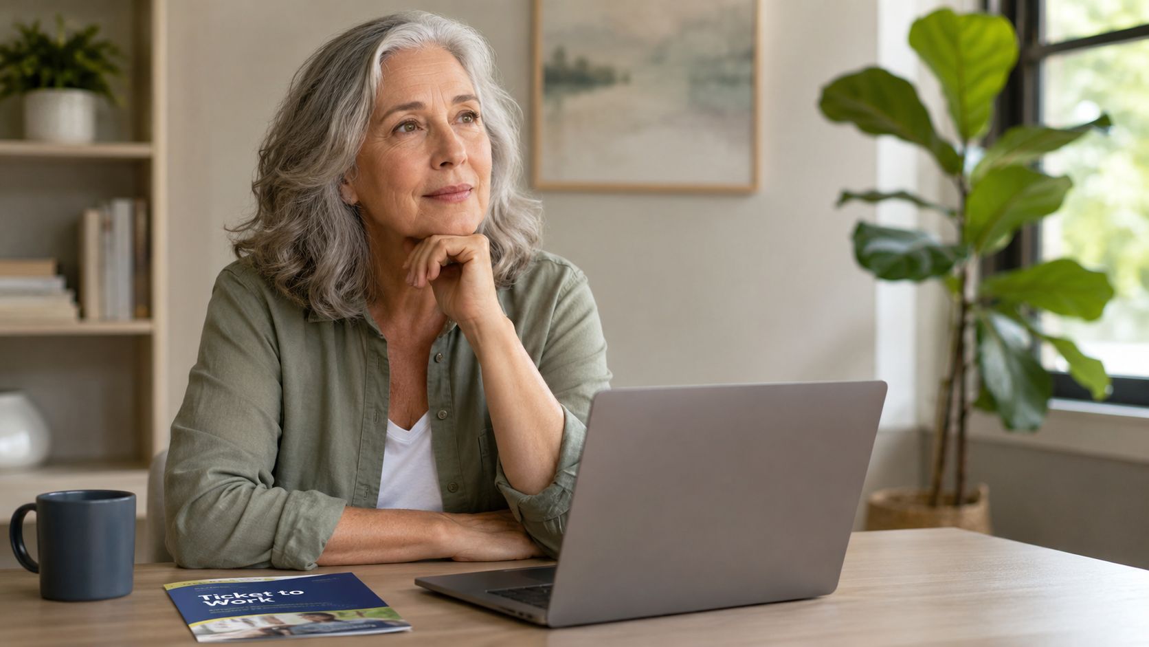 A middle-aged woman with grey hair sits at a desk thoughtfully looking away from her laptop.