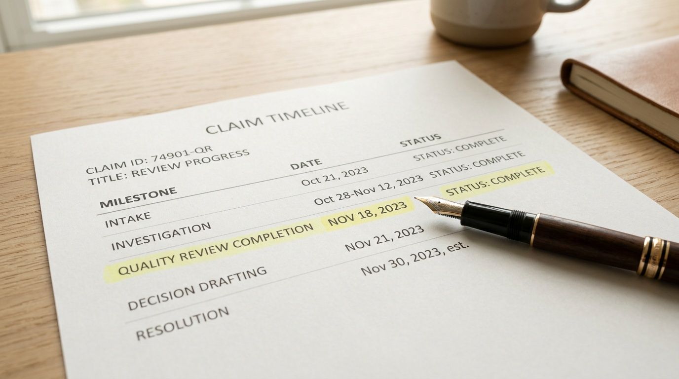 A claim timeline document sits on a wooden desk with a fountain pen resting on top.