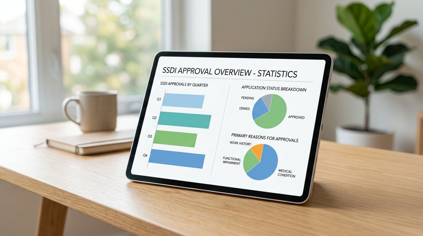 A tablet on a wooden desk displaying a dashboard with SSDI approval statistics, charts, and data visualizations.