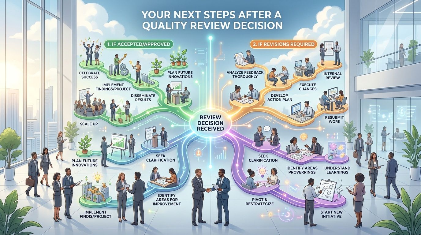 An infographic showing strategic steps to take after a quality review decision for project management.