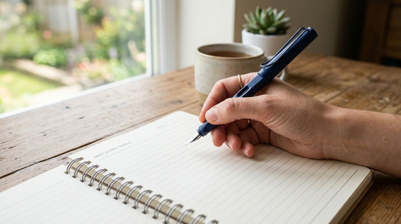 A person writing in a lined notebook with a navy blue fountain pen on a wooden table.