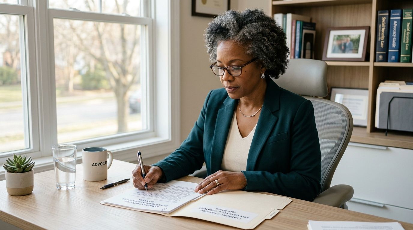 A professional woman in a dark blazer reviews legal documents while seated at her office desk.