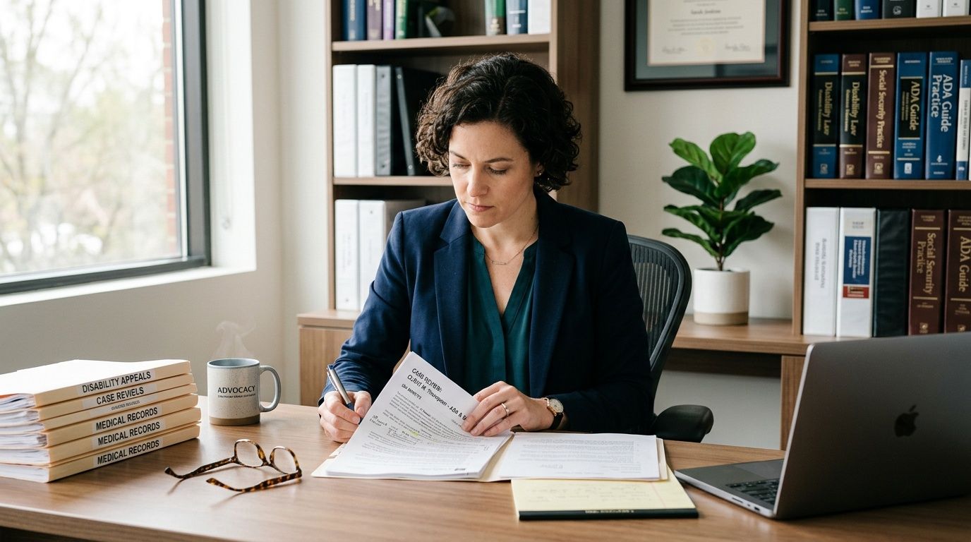 A professional disability attorney reviewing legal documents and medical records at her organized office desk.