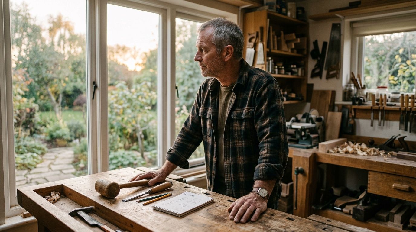 An elderly carpenter in a flannel shirt looks thoughtfully out of a workshop window while working.