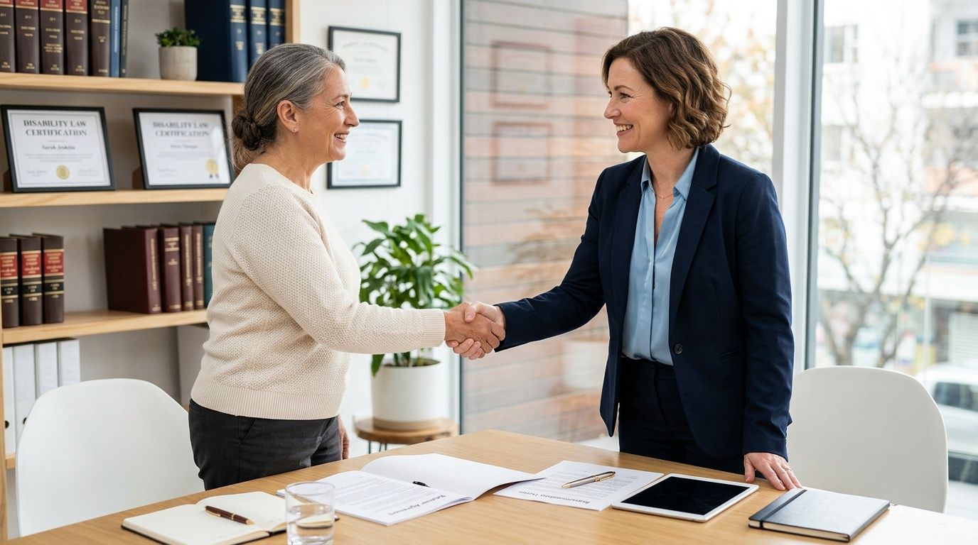A professional female attorney shaking hands with her client over legal documents in a bright office.