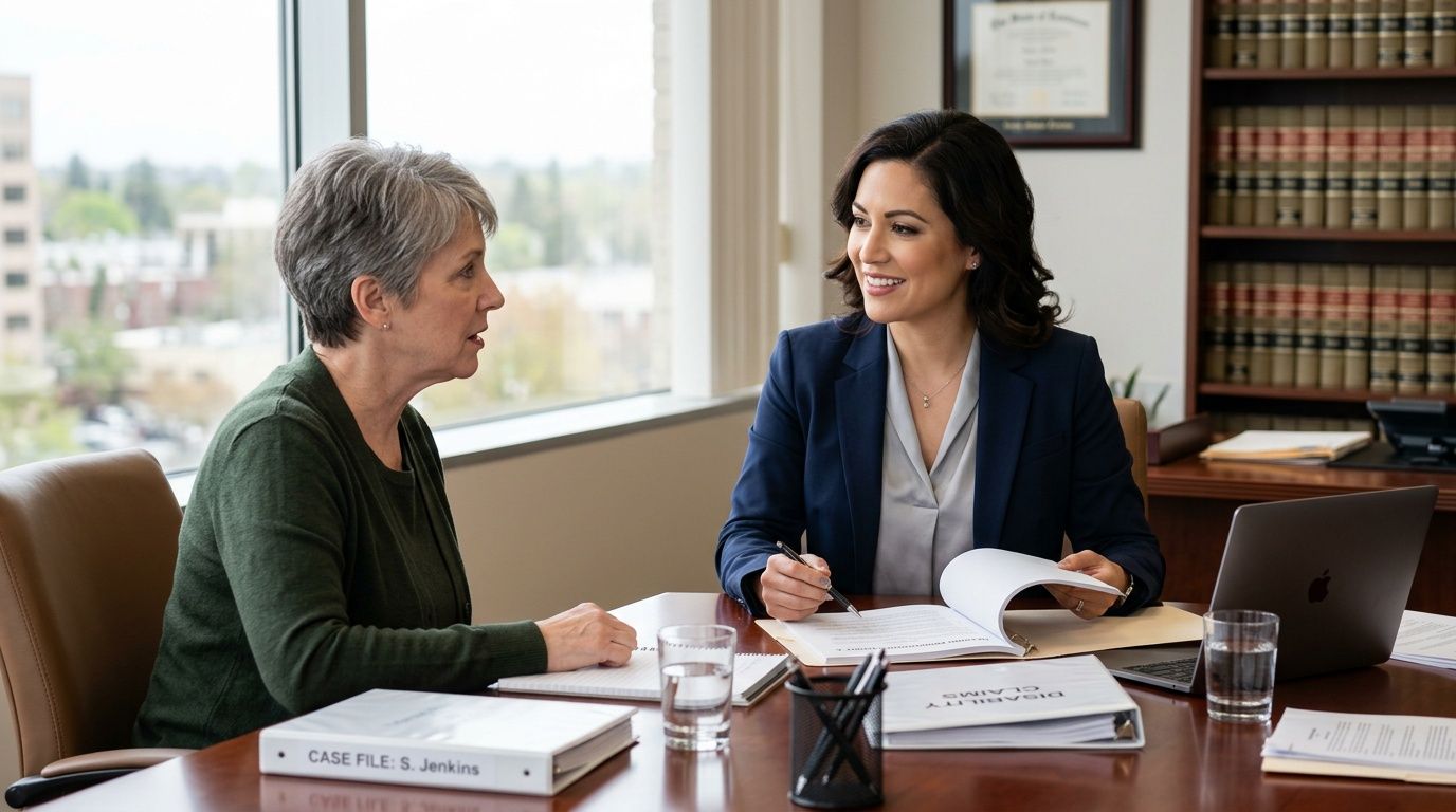 A professional disability attorney smiling while consulting with an elderly female client in an office setting.