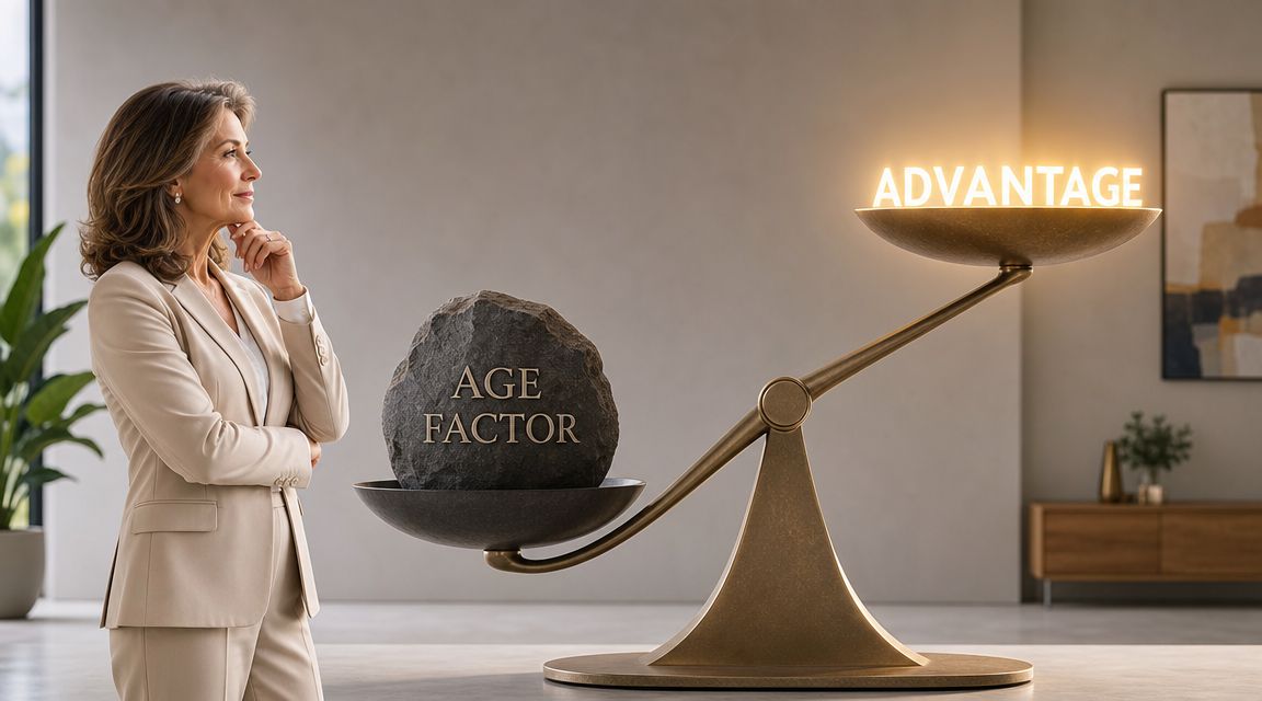 A professional woman looking at a scale balancing the Age Factor rock against a glowing Advantage sign.
