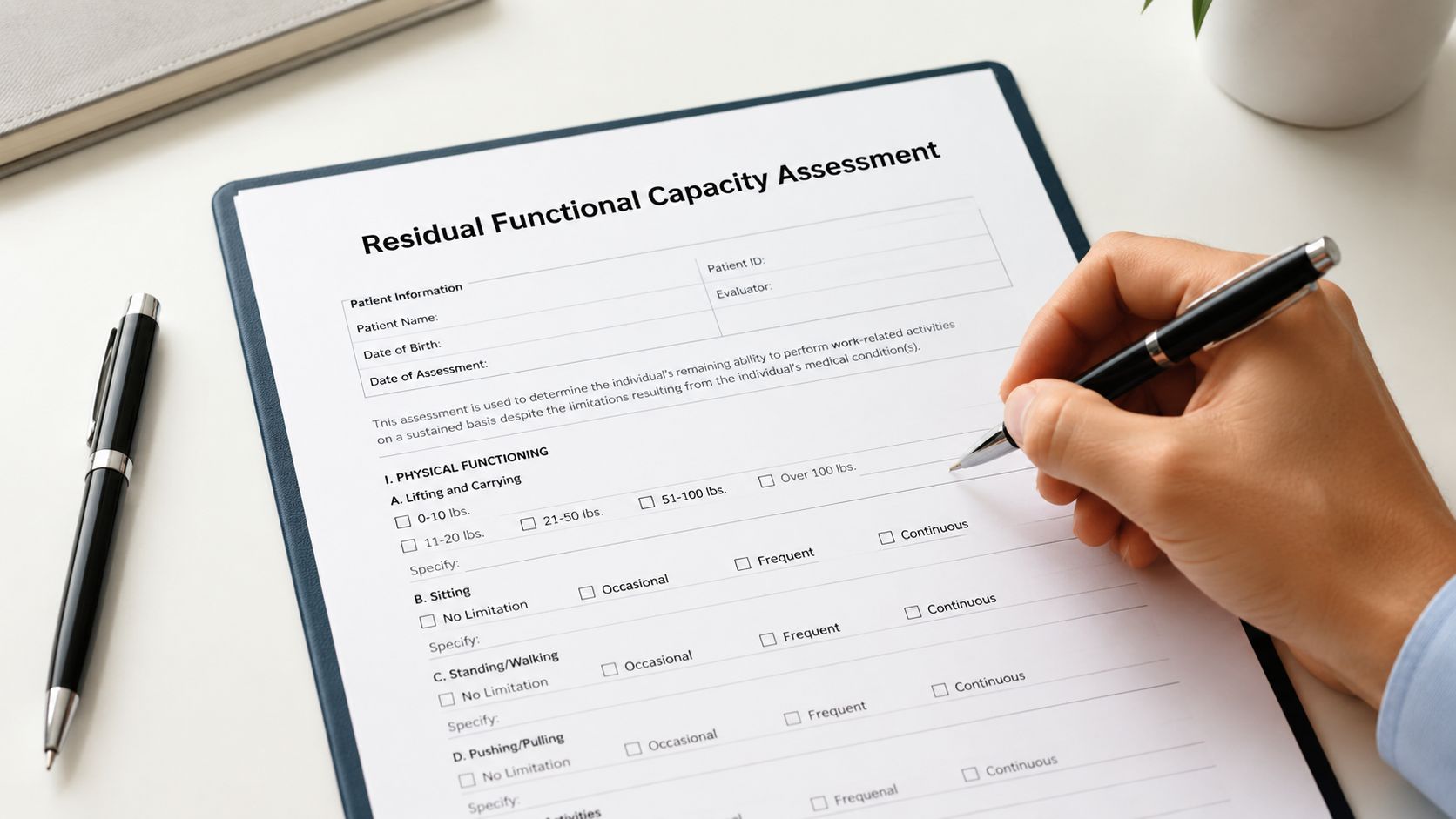 A person fills out a Residual Functional Capacity Assessment medical form using a black ballpoint pen.