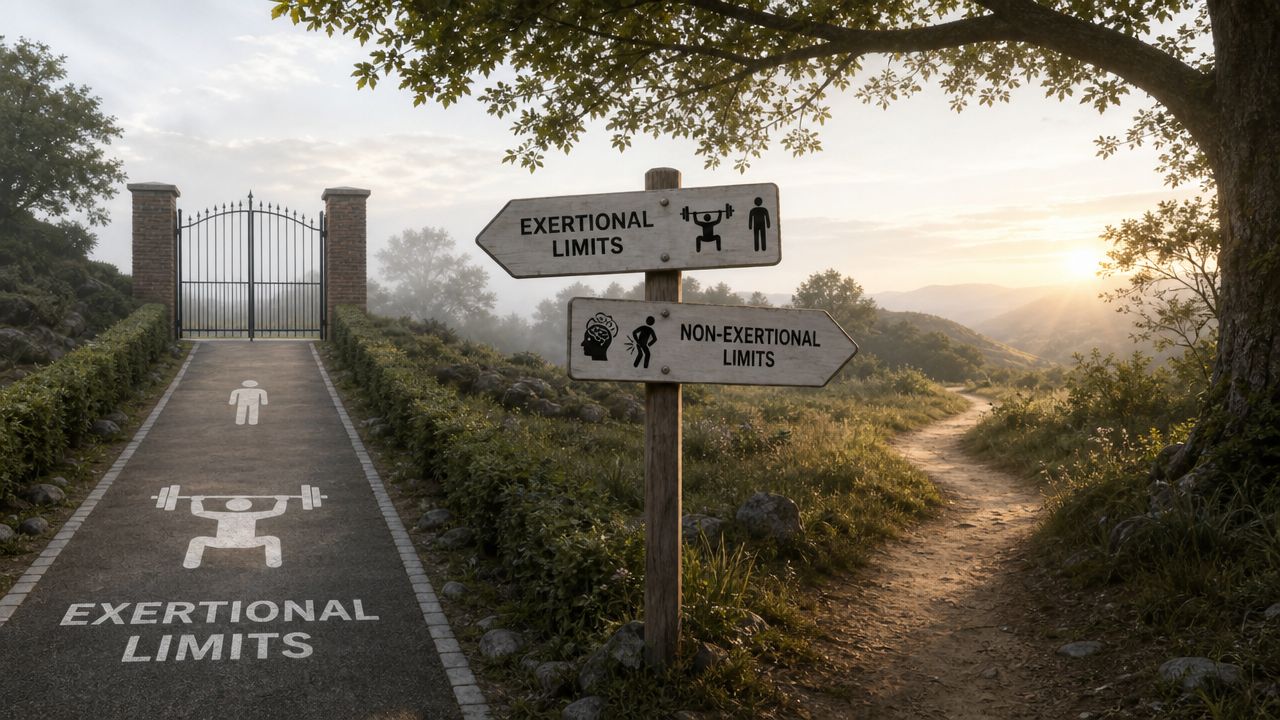 A signpost points to two paths, representing choices between physical exertion and non-exertional disability limit factors.