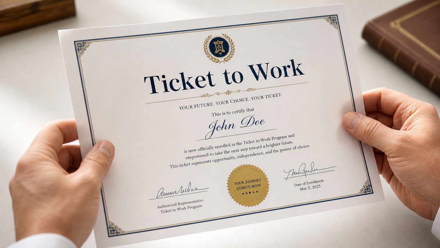 A person holding a certificate titled Ticket to Work for John Doe, dated May 5, 2025.