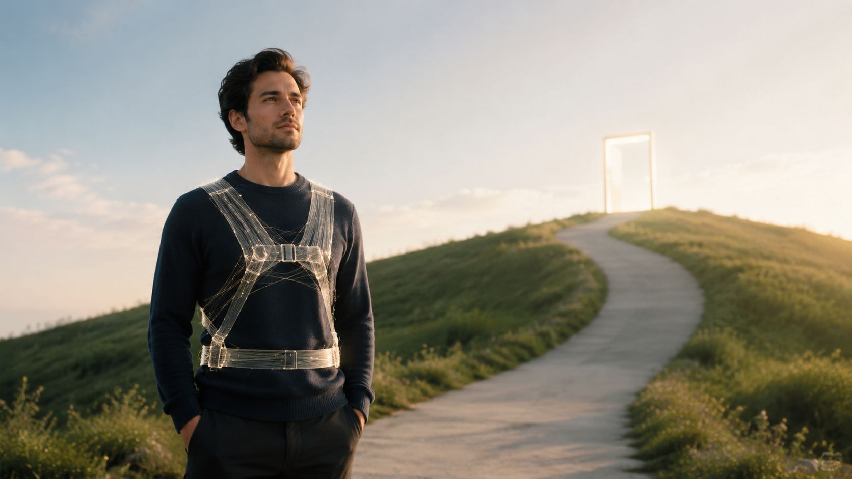 A young man standing on a hill wearing a futuristic harness, looking toward a glowing portal doorway.