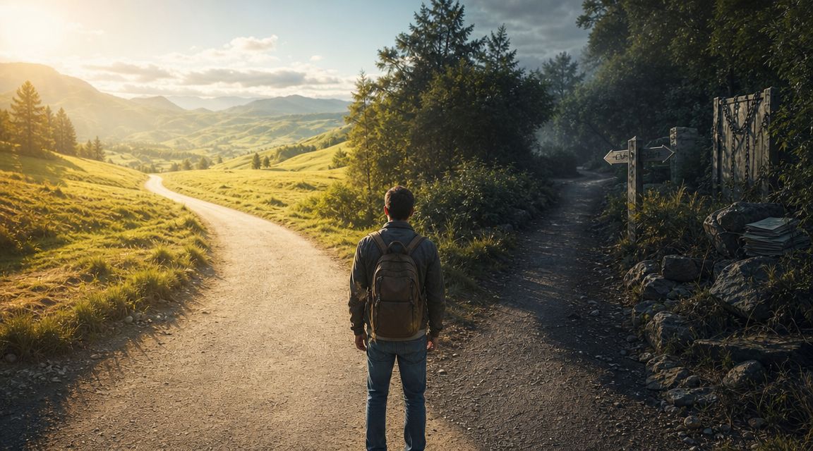 A traveler standing at a fork in the road between a sunny valley and a forest path.