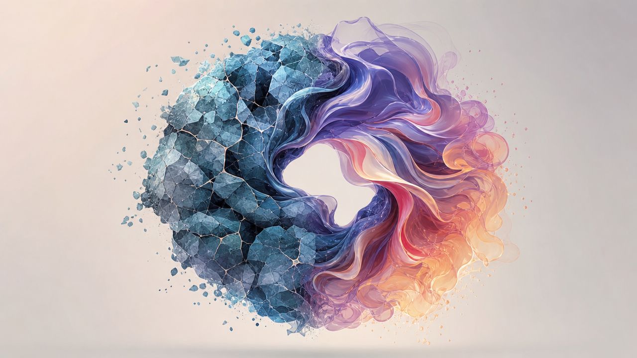 A circular abstract representation showing the transition from fragmented blue rock into flowing ethereal colorful smoke.