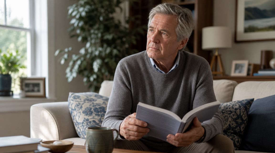 A contemplative older man sitting on a sofa while reading a book in a cozy living room.