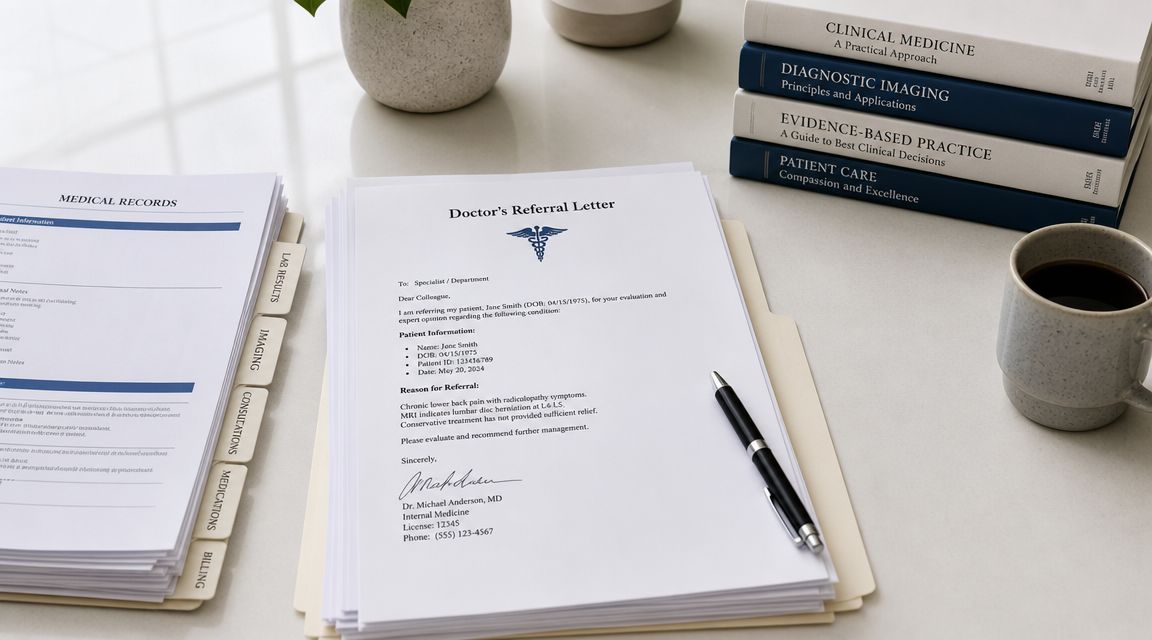 A doctor's referral letter for a patient with back pain rests on a desk with medical textbooks.