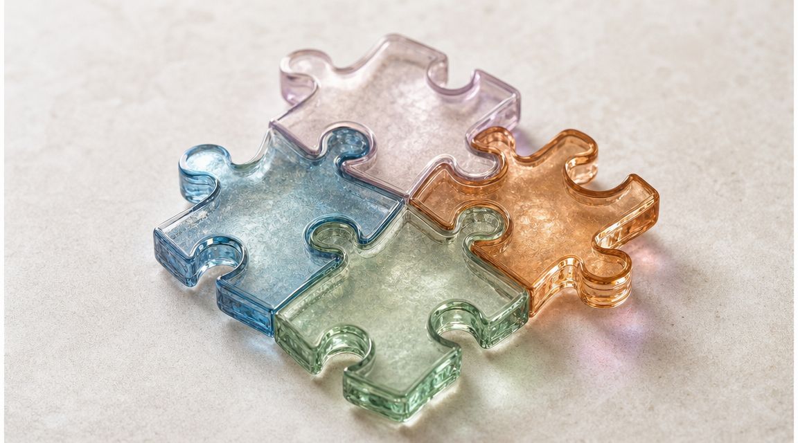 Four translucent glass puzzle pieces in blue, pink, green, and orange joined together on a textured surface.
